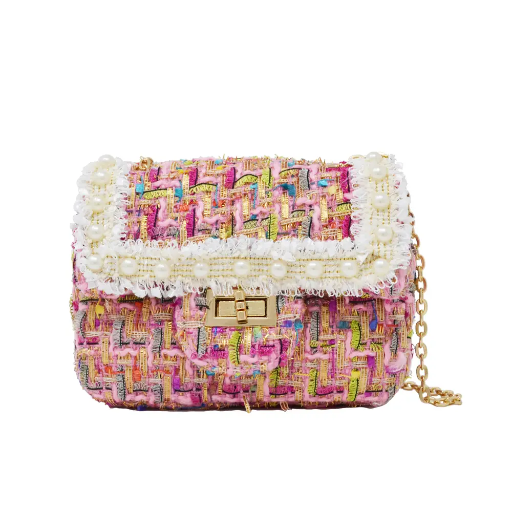 Classic Tweed Pearl Handbag-Pink