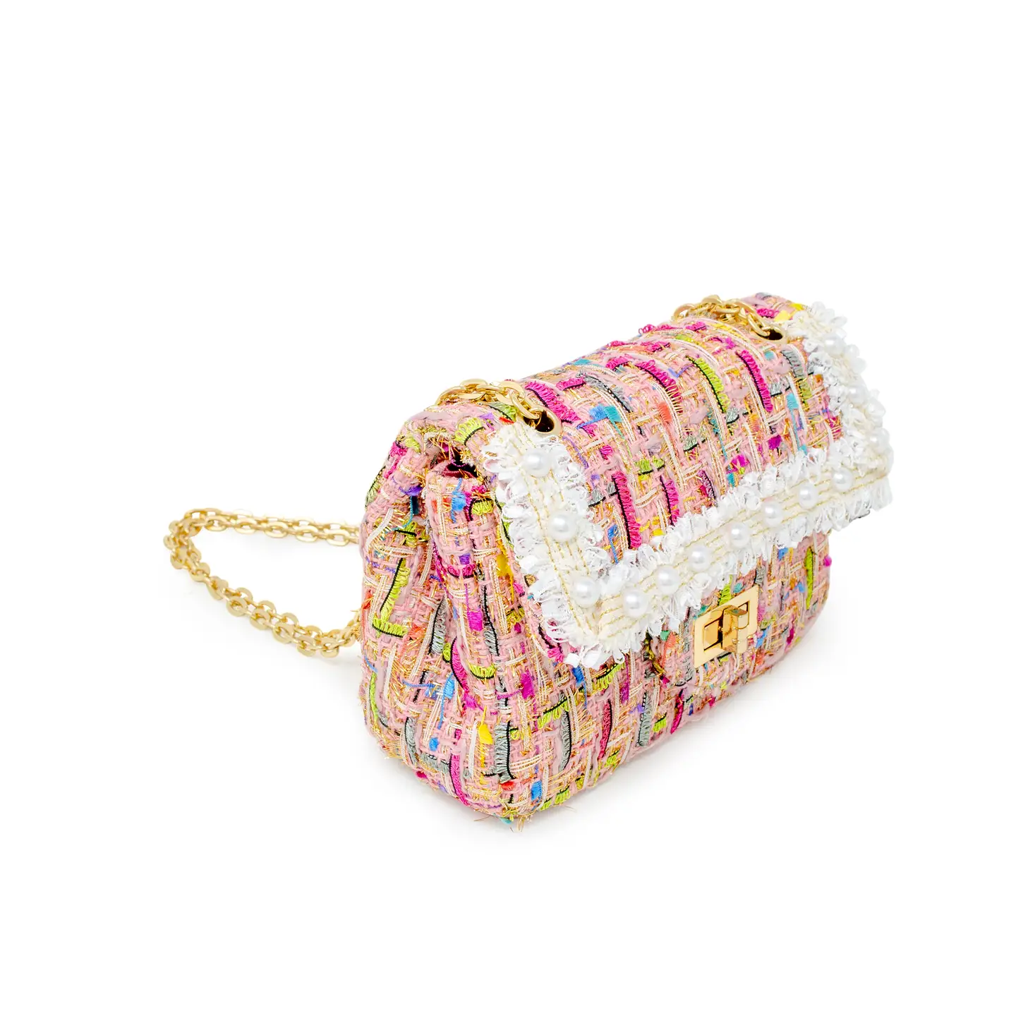 Classic Tweed Pearl Handbag-Pink
