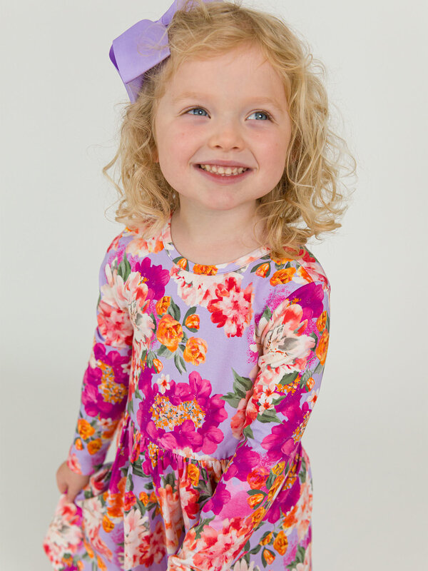 RuffleButts Rufflebutts Lavender Valley Knit Long Sleeve Twirl Dress