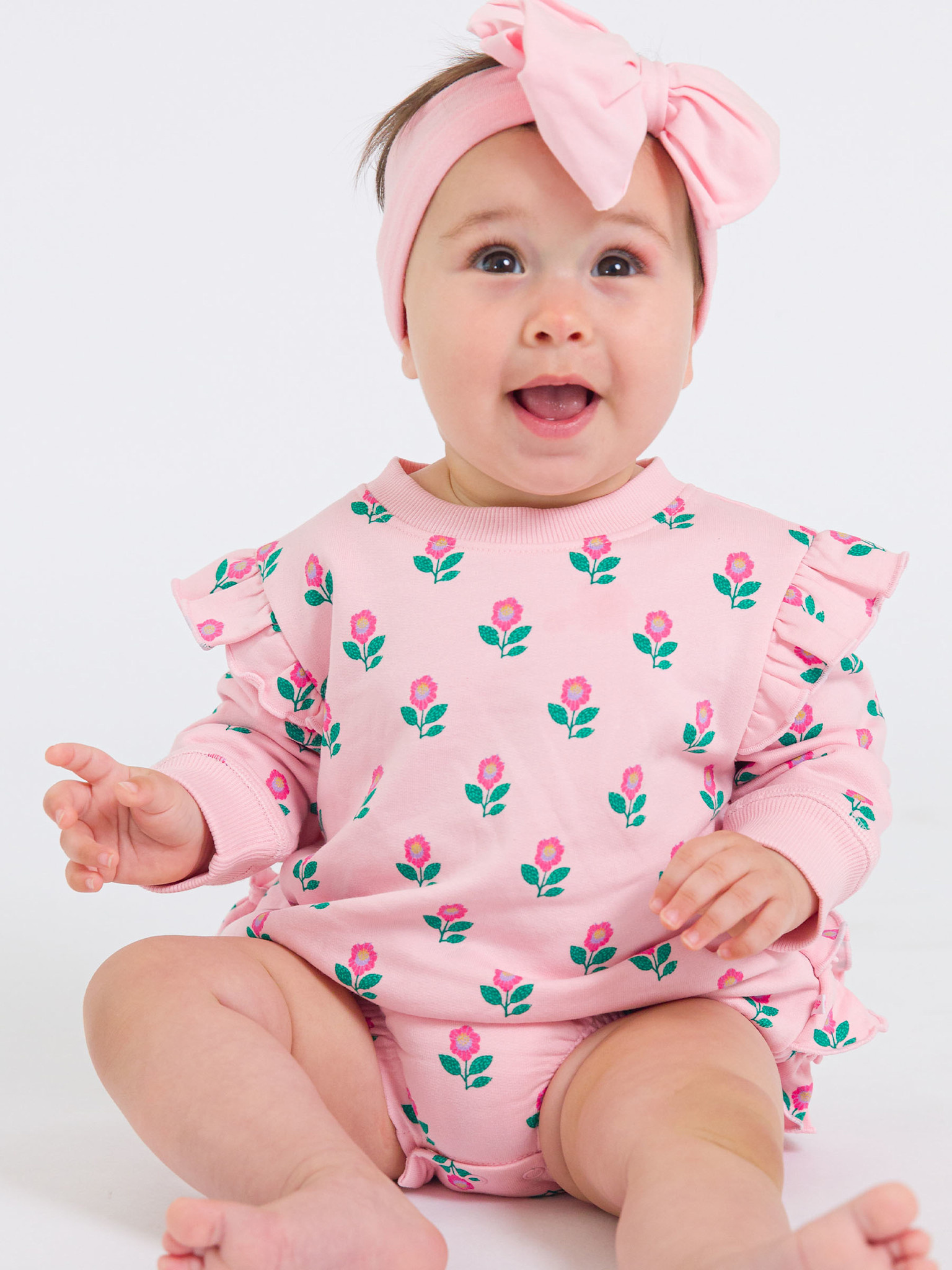 RuffleButts Rufflebutts Zinnia Meadow Sweatshirt Bubble Romper