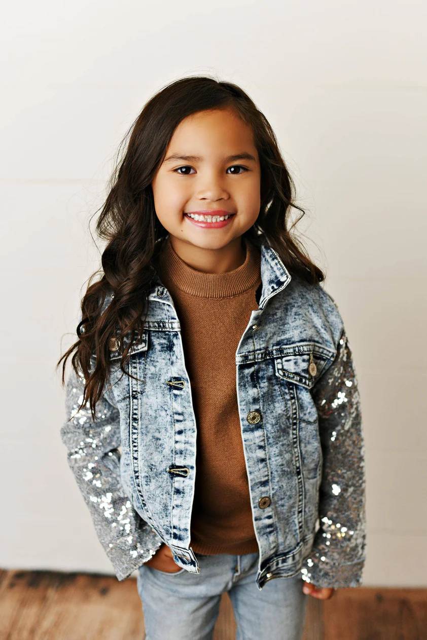 Oopsie Daisy Sequin & Light Wash Denim Button Pocket Jacket