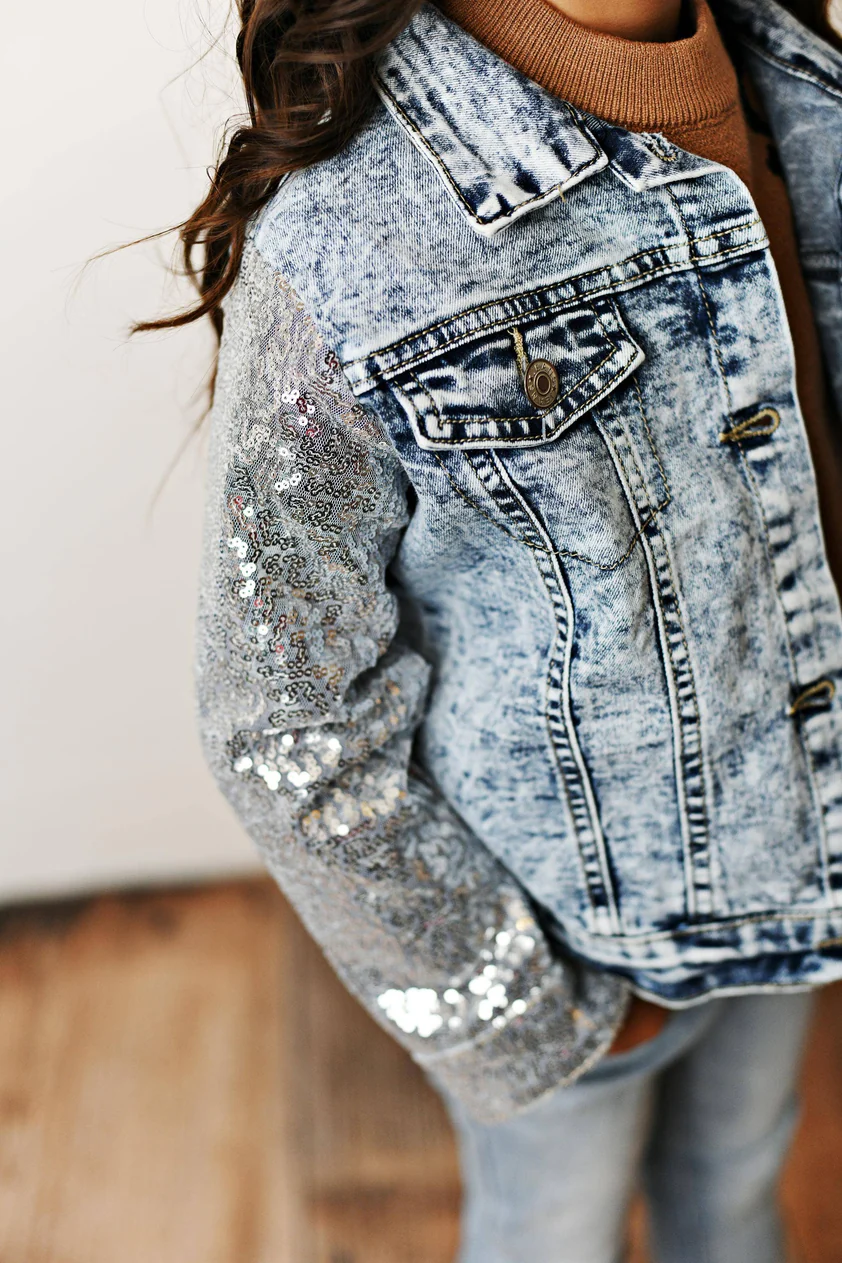 Oopsie Daisy Sequin & Light Wash Denim Button Pocket Jacket