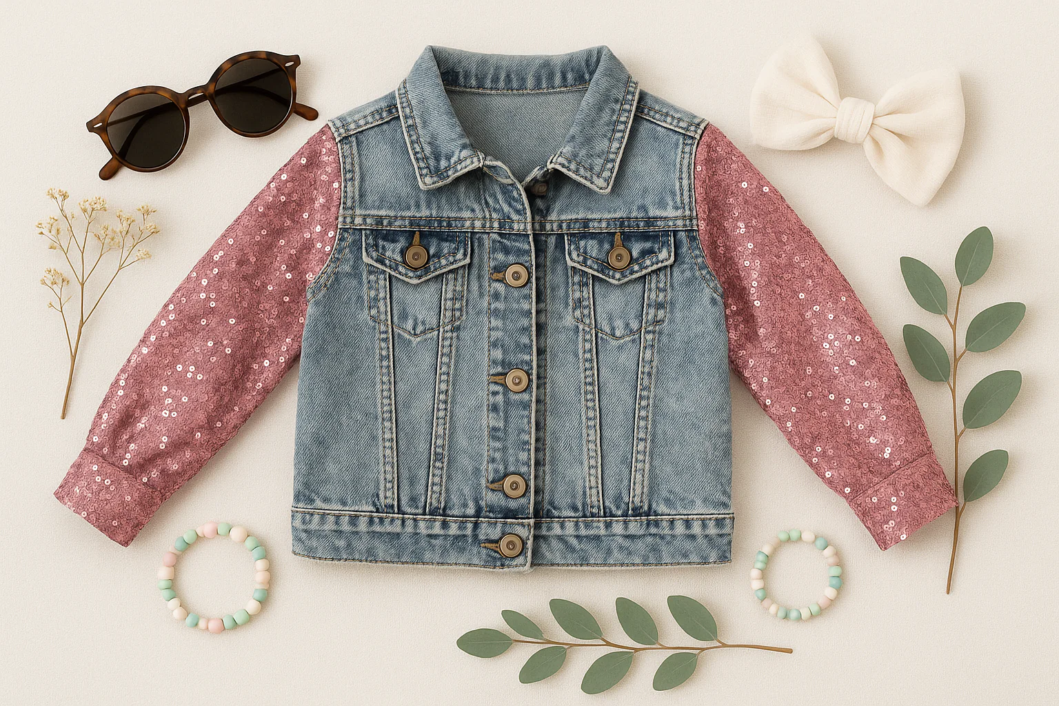 Oopsie Daisy Sequin & Light Wash Denim Button Pocket Jacket