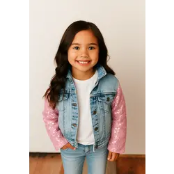 Sequin & Light Wash Denim Button Pocket Jacket