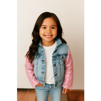 Oopsie Daisy Sequin & Light Wash Denim Button Pocket Jacket