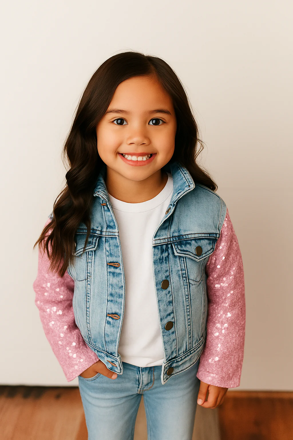 Oopsie Daisy Sequin & Light Wash Denim Button Pocket Jacket