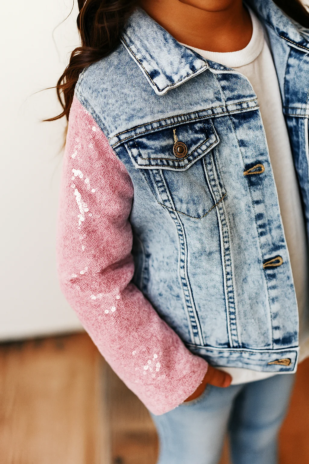 Oopsie Daisy Sequin & Light Wash Denim Button Pocket Jacket