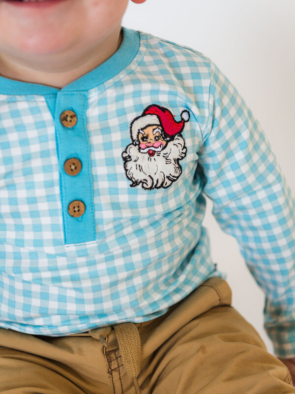 RuffleButts Rufflebutts  Knit Santa Embroidered Henley Tee