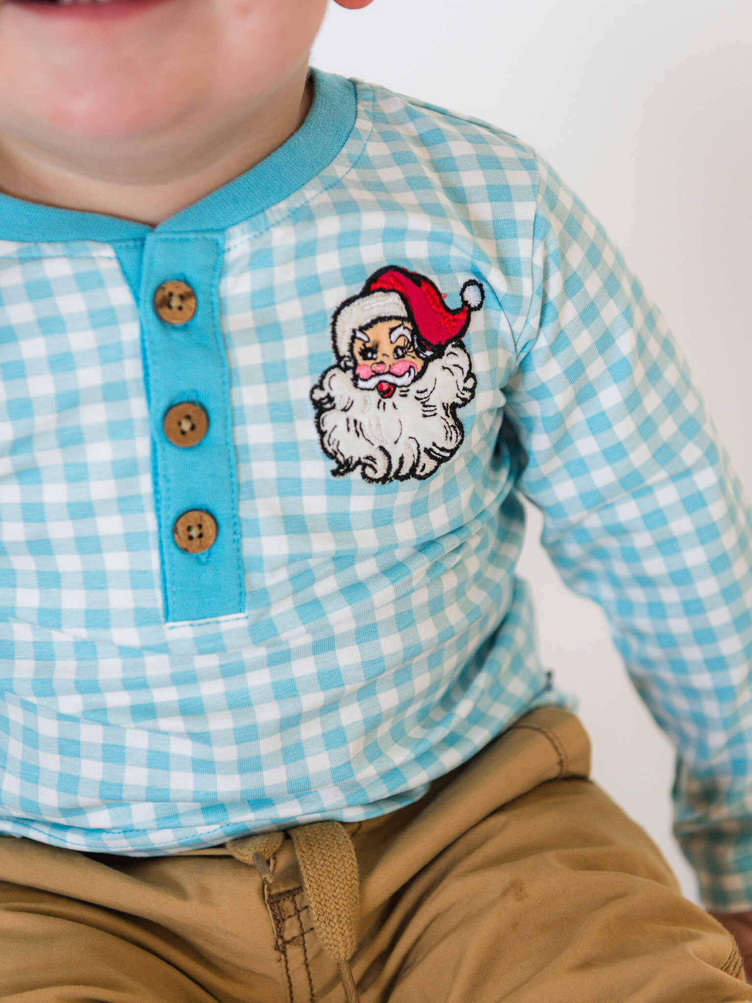 RuffleButts Rufflebutts Knit Santa Embroidered Henley Tee