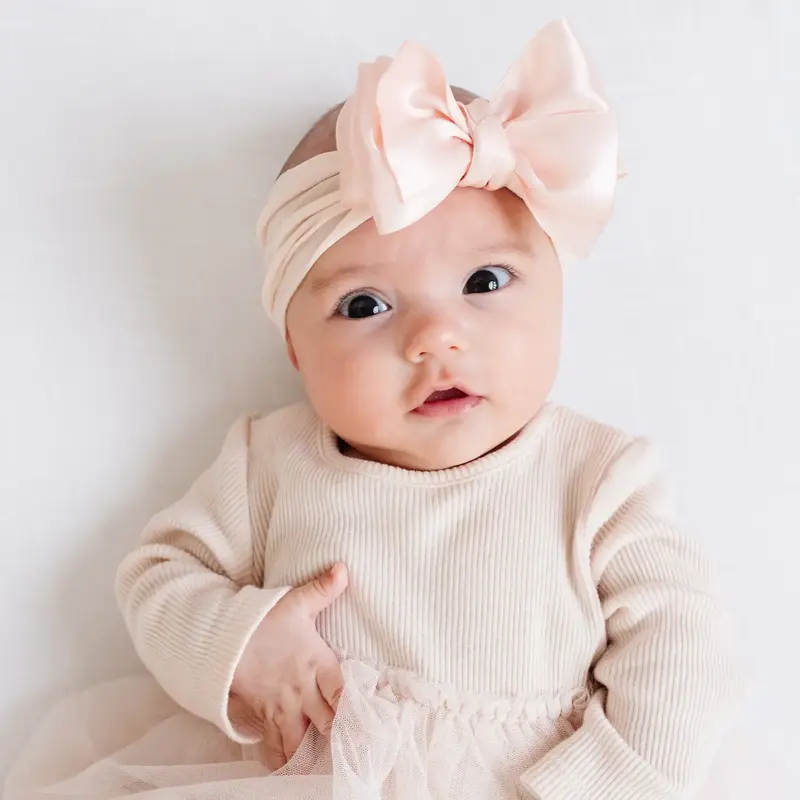 Baby Bling Bows Satin Small Classic Bow On Soft Nylon Headband- Rosebud