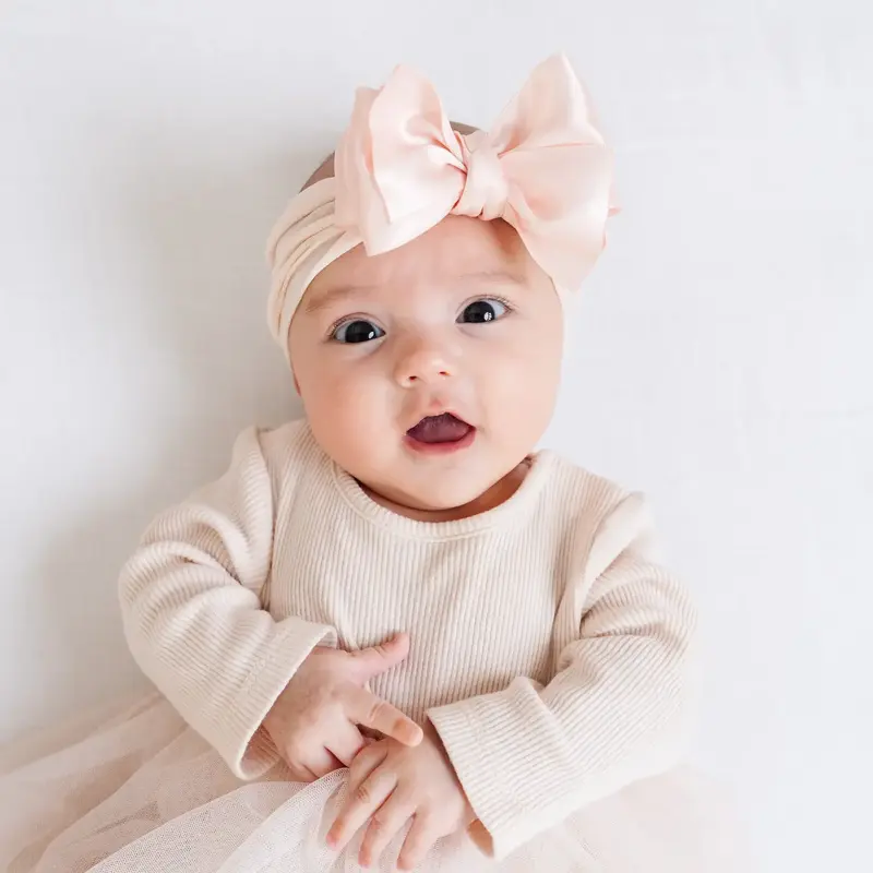 Baby Bling Bows Satin Small Classic Bow On Soft Nylon Headband- Rosebud