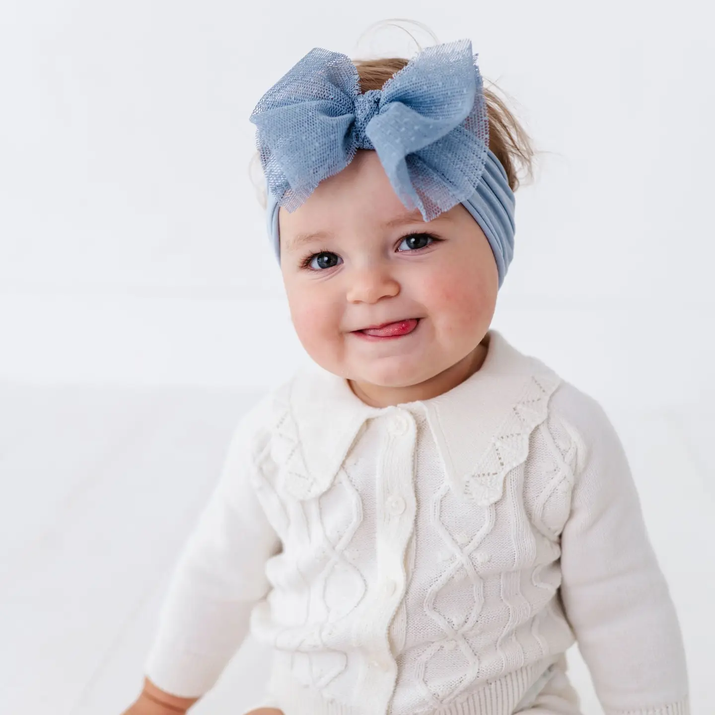 Baby Bling Bows Tulle Fab Soft Nylon Headband with Tulle Bow - Dusty Blue Dot