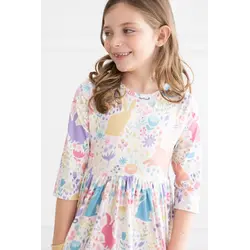 Mila & Rose Mila & Rose Pastel Floral Bunnies 3/4 Sleeve Pocket Twirl Dress