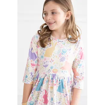 Mila & Rose Mila & Rose Pastel Floral Bunnies 3/4 Sleeve Pocket Twirl Dress