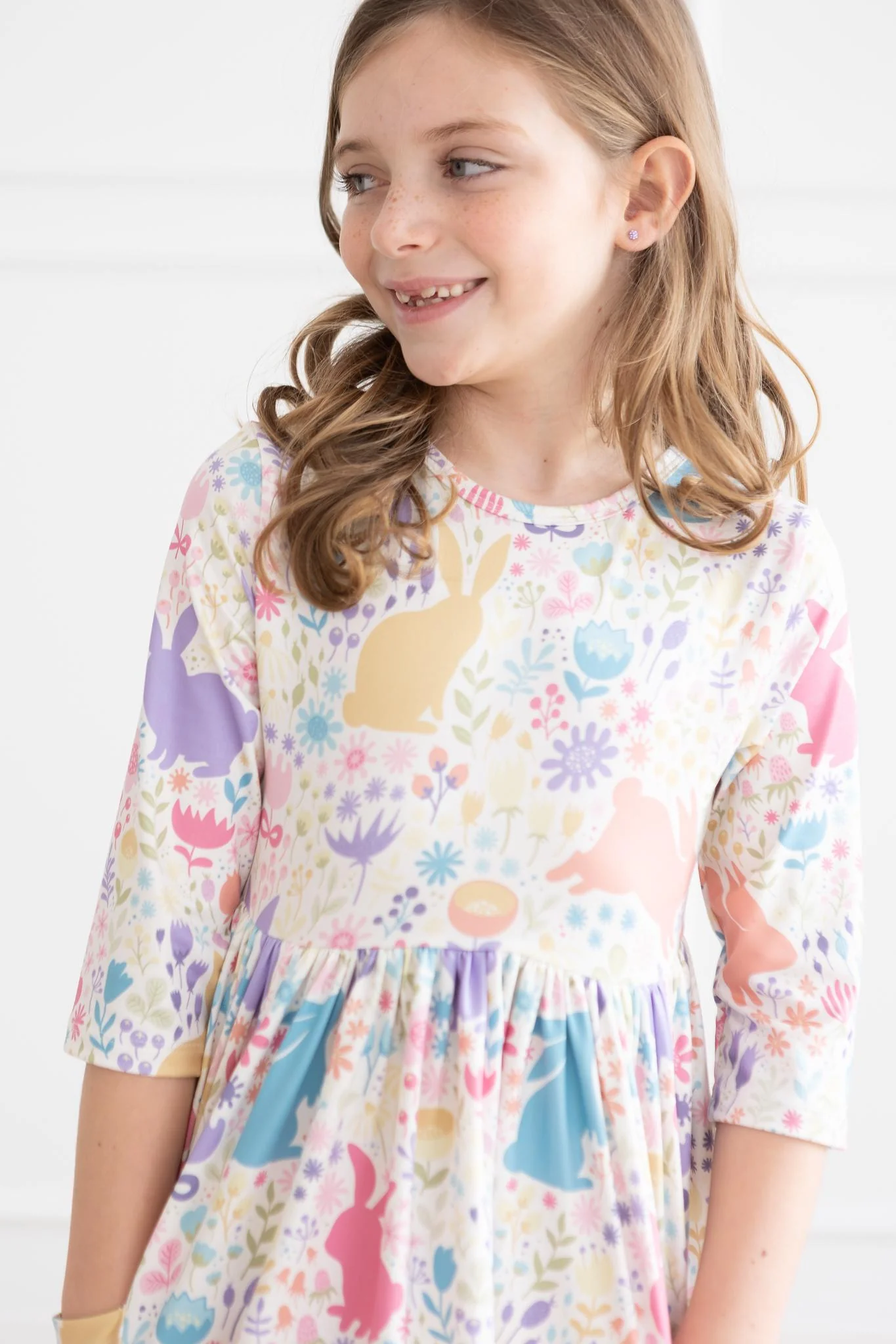 Mila & Rose Mila & Rose Pastel Floral Bunnies 3/4 Sleeve Pocket Twirl Dress