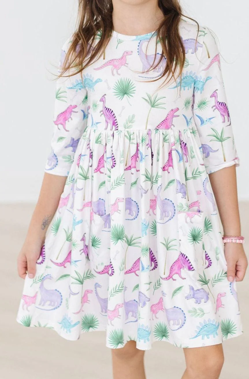 Mila & Rose Mila & Rose Dino Darling 3/4 Flutter Sleeve Pocket Twirl Dress