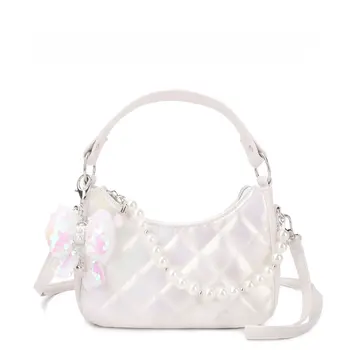OMG Accessories Metallic Quilted Hobo Crossbody with Pearl Chain