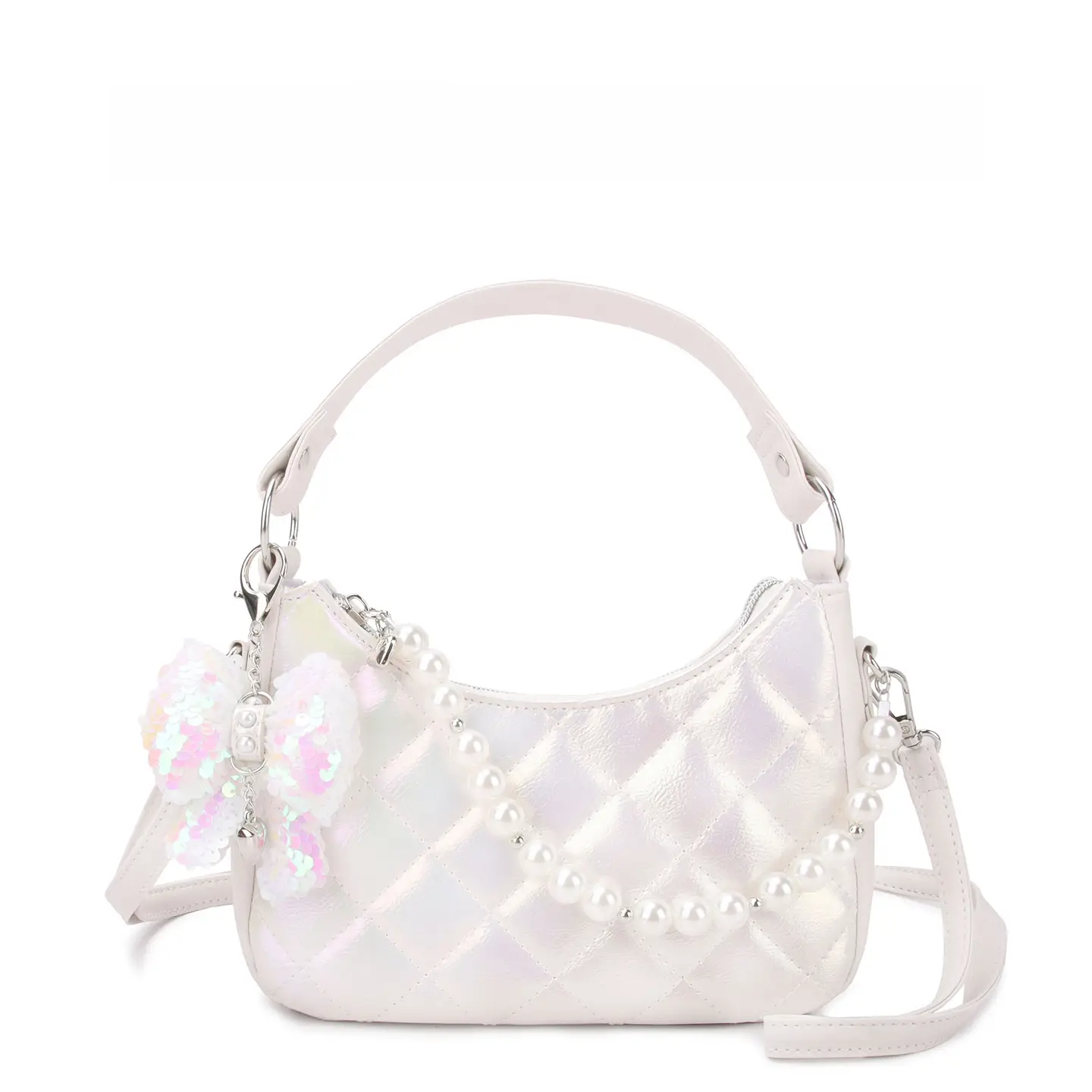 OMG Accessories Metallic Quilted Hobo Crossbody with Pearl Chain