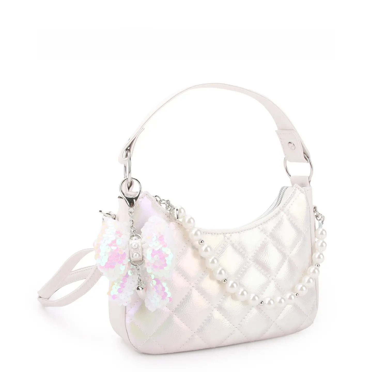 OMG Accessories Metallic Quilted Hobo Crossbody with Pearl Chain