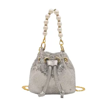 Silver Sequin Drawstring Purse