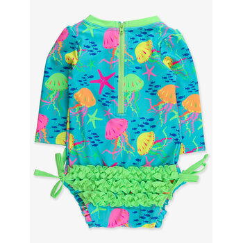 RuffleButts Rufflebutts Neon Jelly Time Long Sleeve Rash Guard Swimsuit