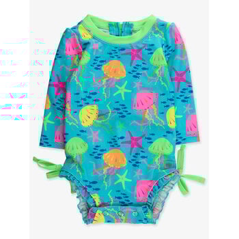RuffleButts Rufflebutts Neon Jelly Time Long Sleeve Rash Guard Swimsuit