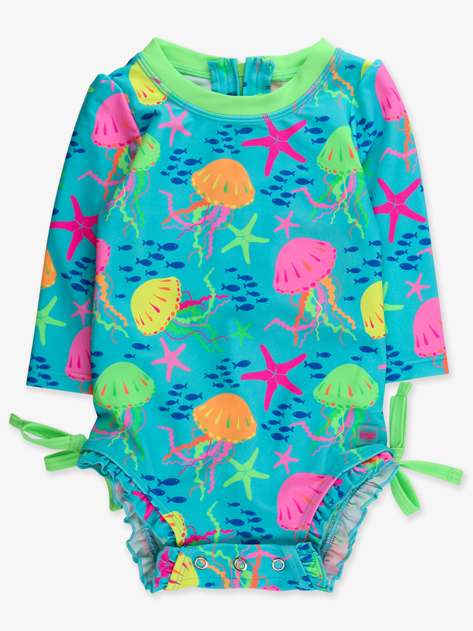 RuffleButts Rufflebutts Neon Jelly Time Long Sleeve Rash Guard Swimsuit