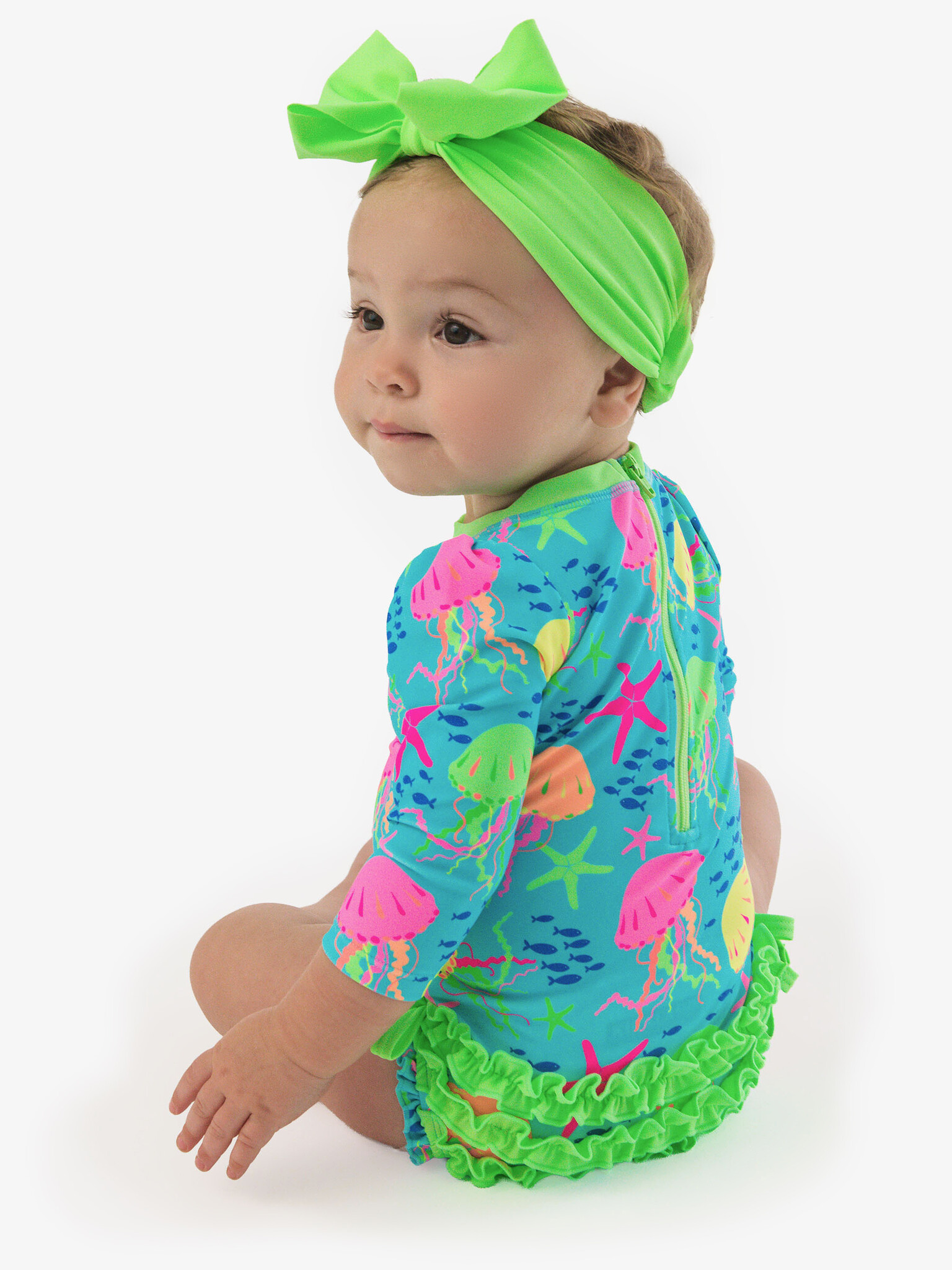 RuffleButts Rufflebutts Neon Jelly Time Long Sleeve Rash Guard Swimsuit
