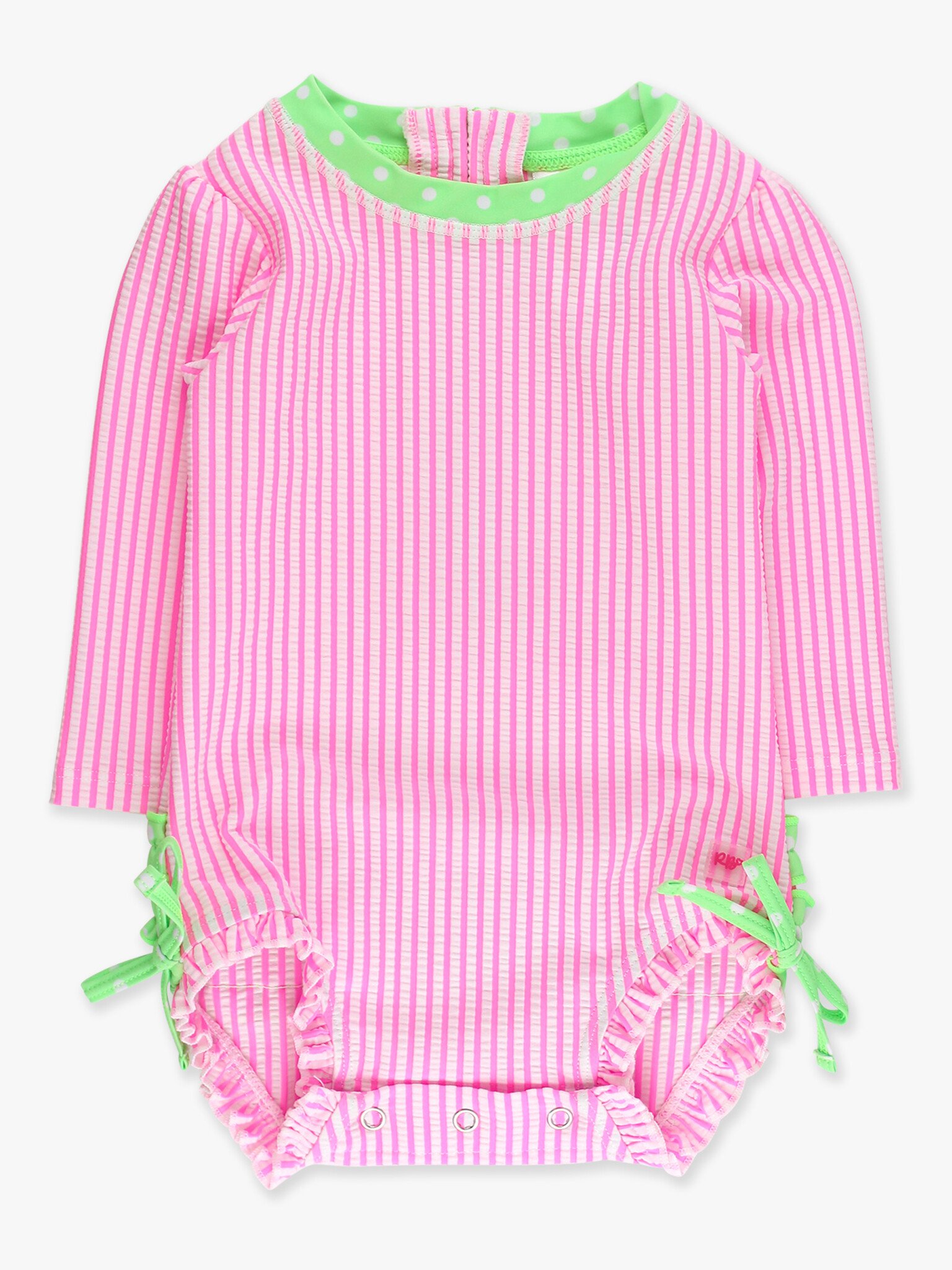 RuffleButts Rufflebutts Neon Pink Seersucker Long Sleeve Rash Guard Swimsuit