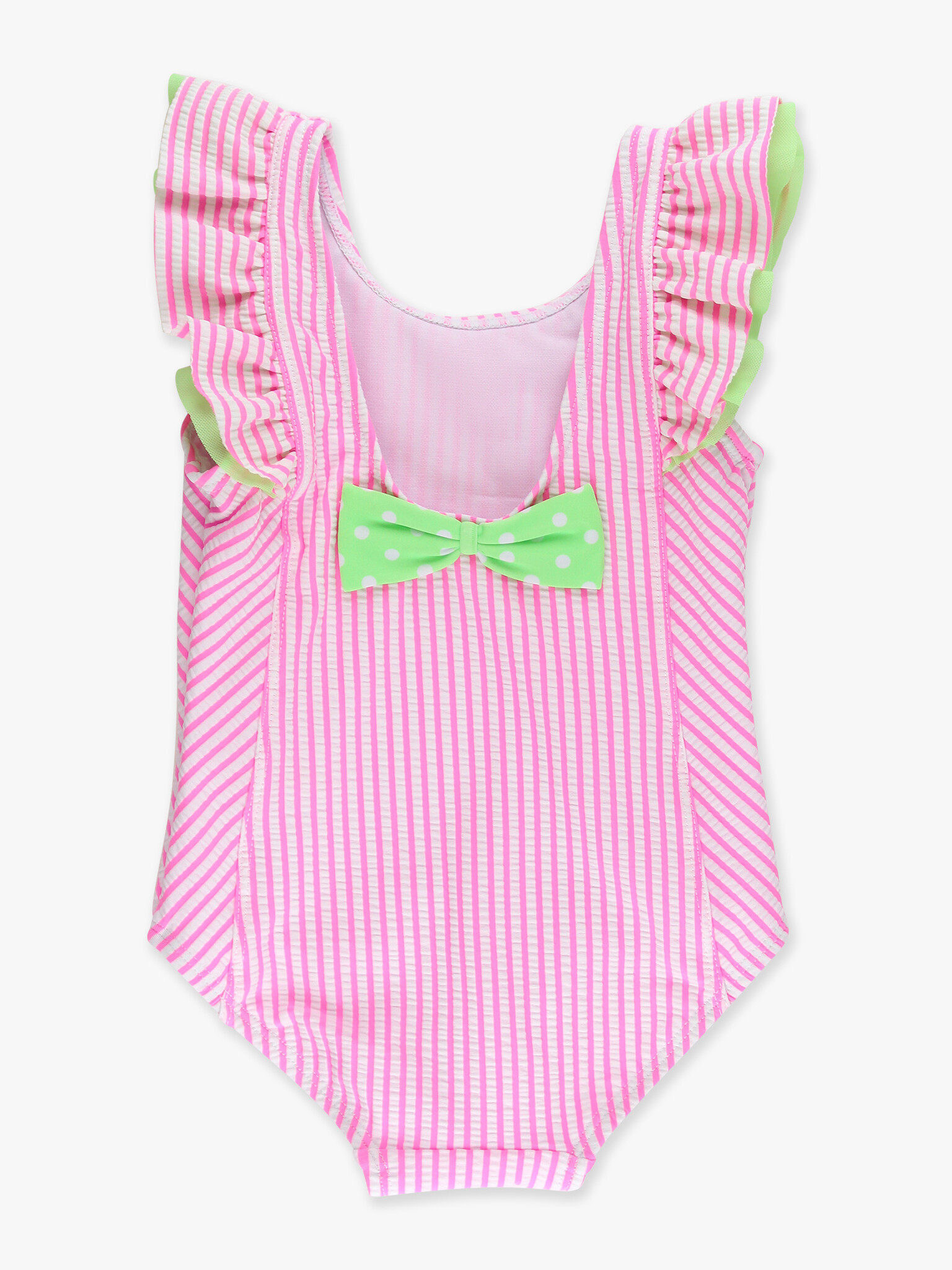 RuffleButts Rufflebutts Neon Pink Seersucker Waterfall one Piece Swimsuit