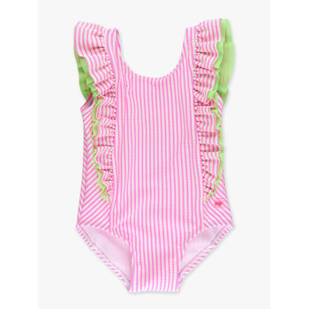 RuffleButts Rufflebutts Neon Pink Seersucker Waterfall one Piece Swimsuit