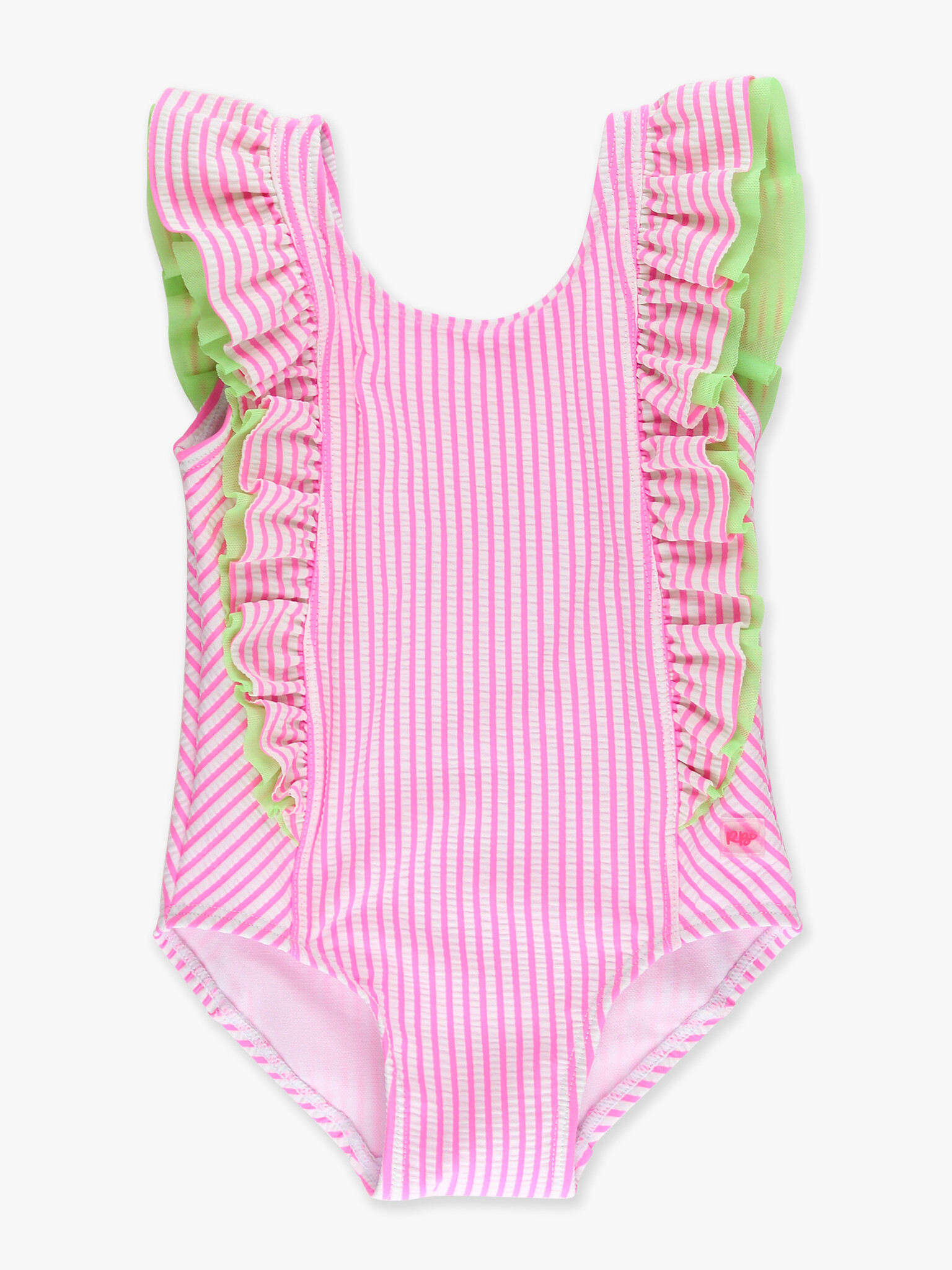 RuffleButts Rufflebutts Neon Pink Seersucker Waterfall one Piece Swimsuit