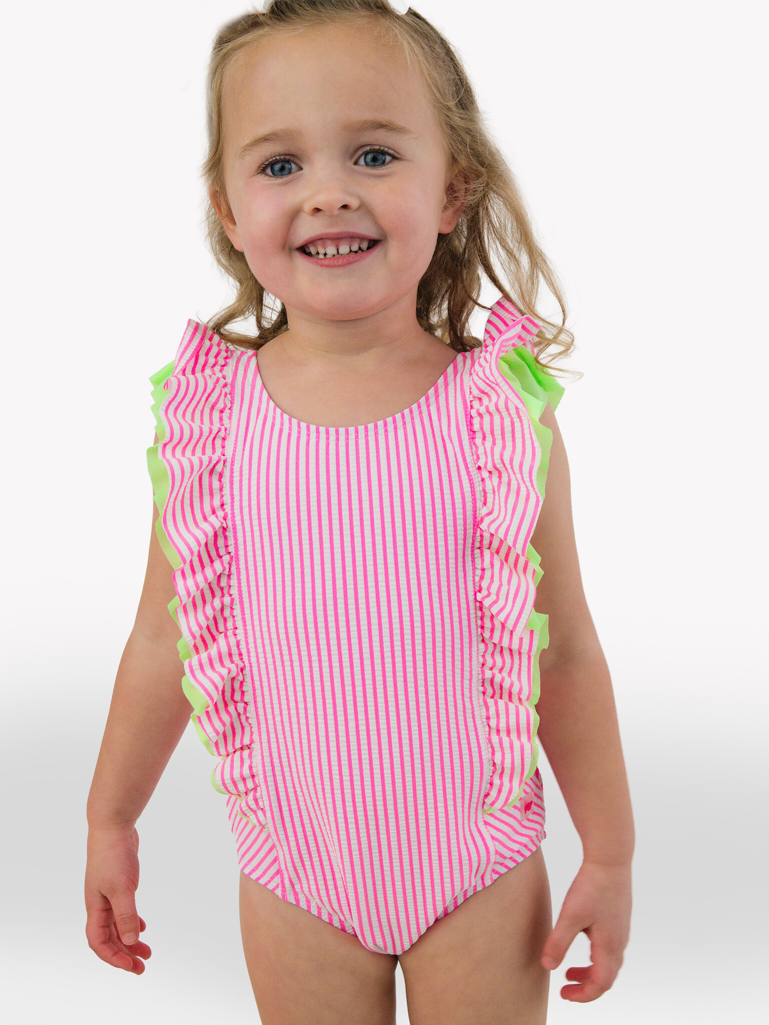 RuffleButts Rufflebutts Neon Pink Seersucker Waterfall one Piece Swimsuit