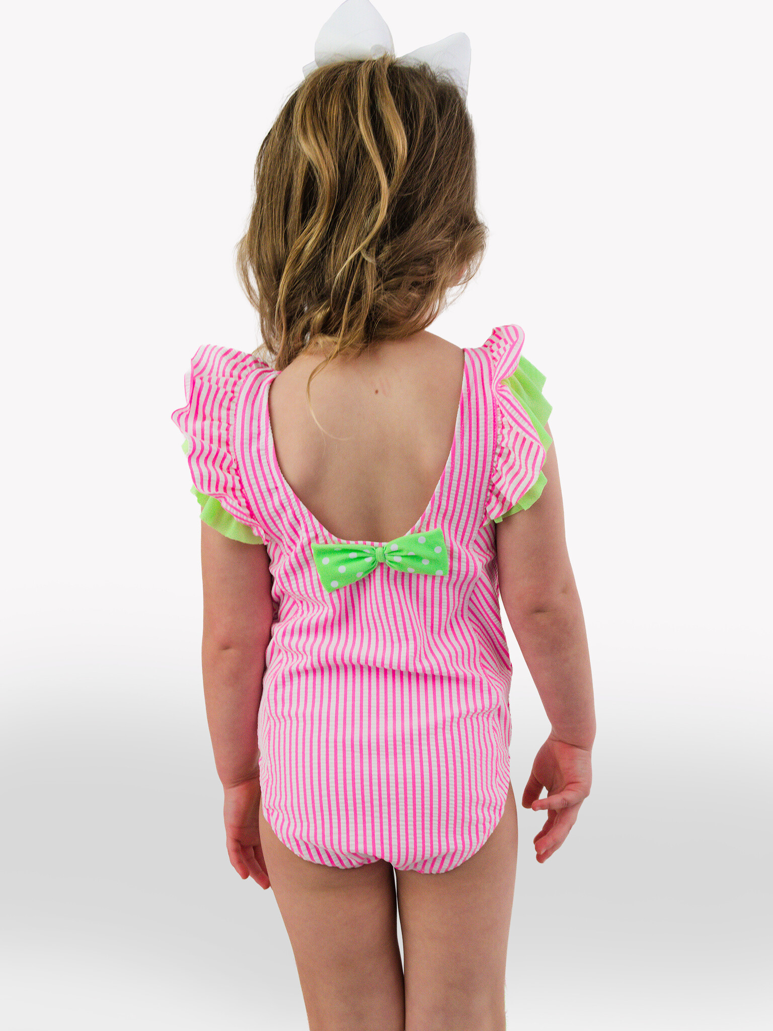 RuffleButts Rufflebutts Neon Pink Seersucker Waterfall one Piece Swimsuit
