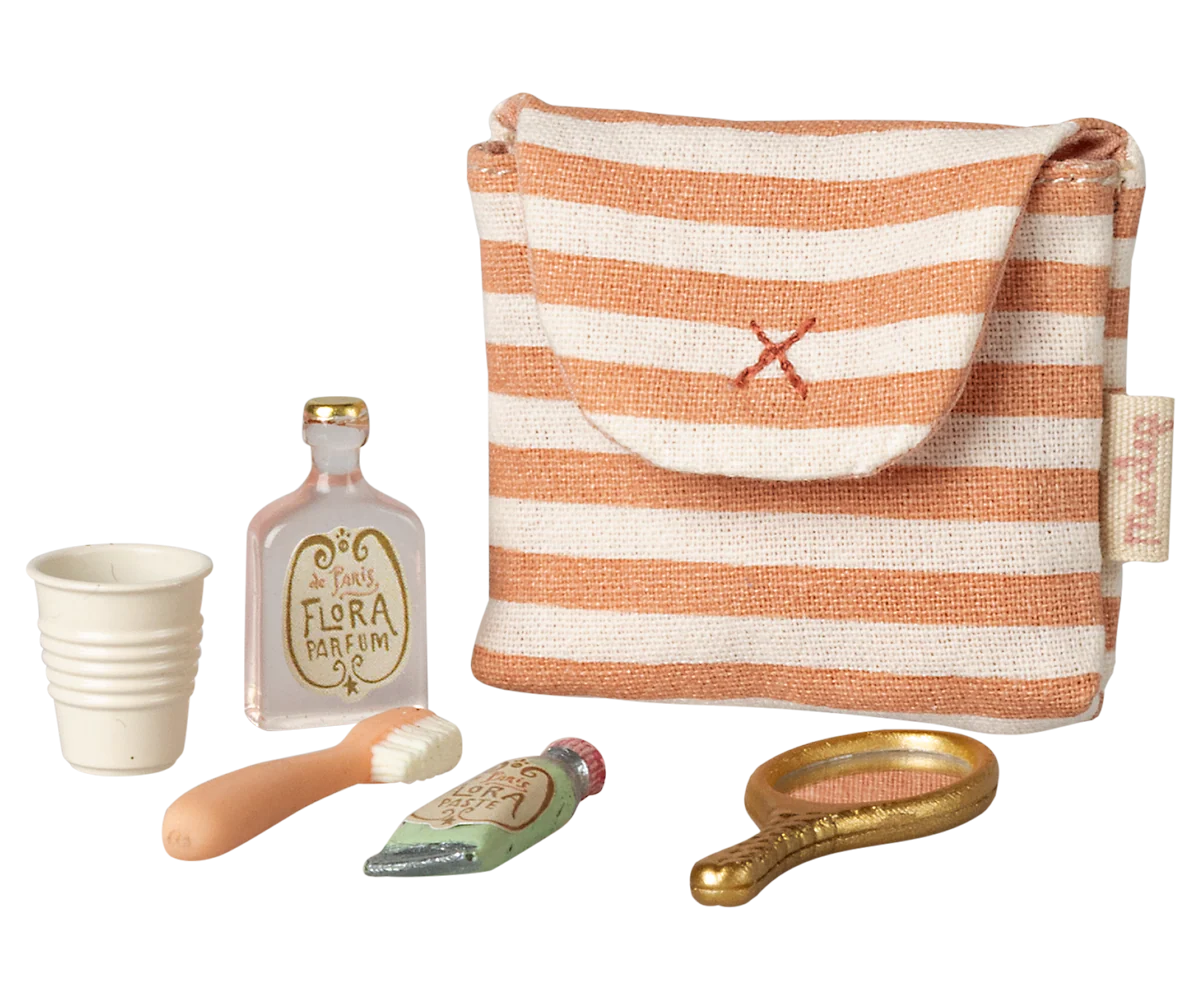 maileg Maileg Toothbrush set in bag, Mouse - Coral Stripe