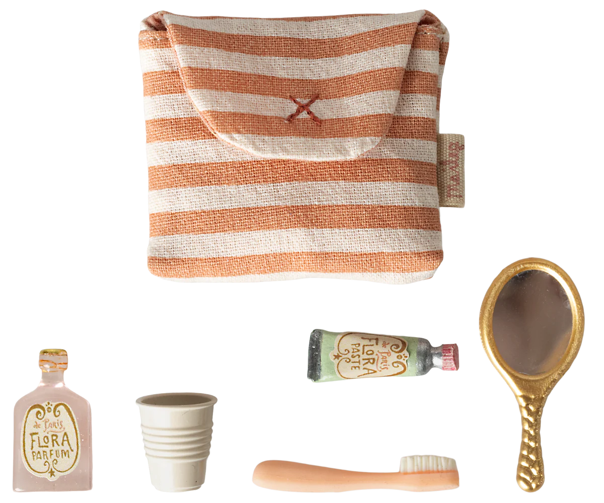 maileg Maileg Toothbrush set in bag, Mouse - Coral Stripe