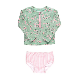 RuffleButts Rufflebutts Tea Roses Long Sleeve Zipper Rash Guard 2- Piece Swimsuit