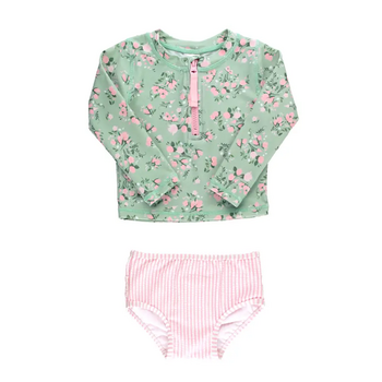 RuffleButts Rufflebutts Tea Roses Long Sleeve Zipper Rash Guard 2- Piece Swimsuit