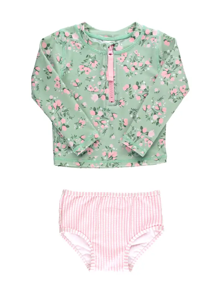 RuffleButts Rufflebutts Tea Roses Long Sleeve Zipper Rash Guard 2- Piece Swimsuit