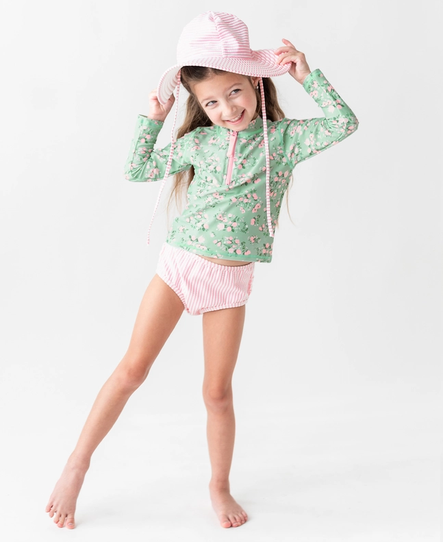 RuffleButts Rufflebutts Tea Roses Long Sleeve Zipper Rash Guard 2- Piece Swimsuit