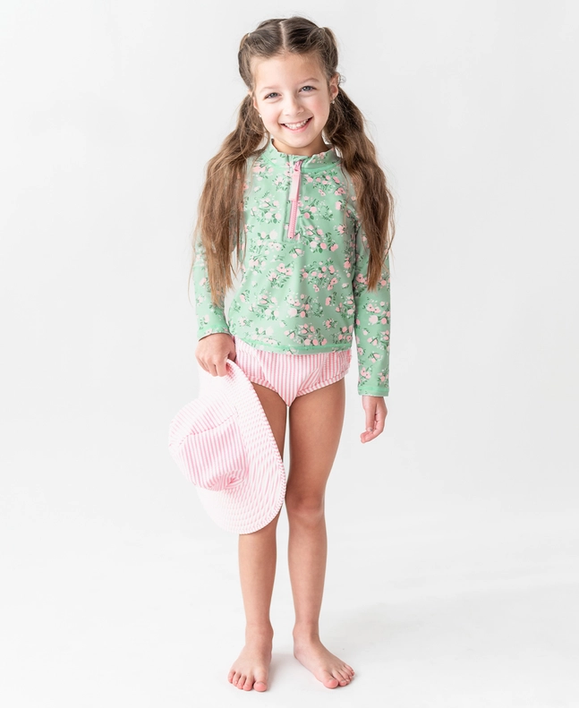 RuffleButts Rufflebutts Tea Roses Long Sleeve Zipper Rash Guard 2- Piece Swimsuit