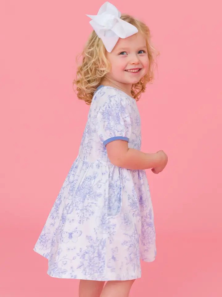 RuffleButts Rufflebutts Periwinkle Butterfly Garden Puff Short Sleeve Knit Twirl Dress