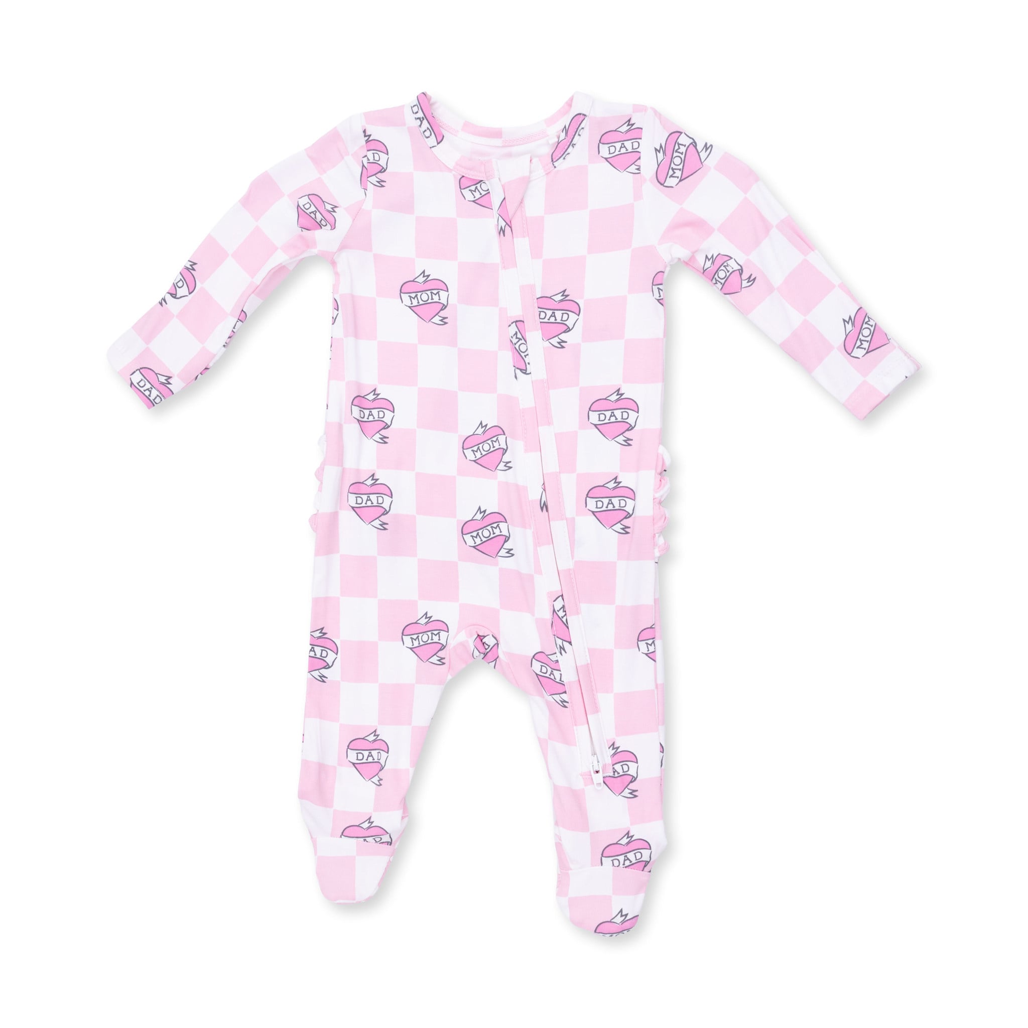 Angel Dear Angel Dear Heart Tattoo Check Pink 2 Way Ruffle Back Zipper Footie