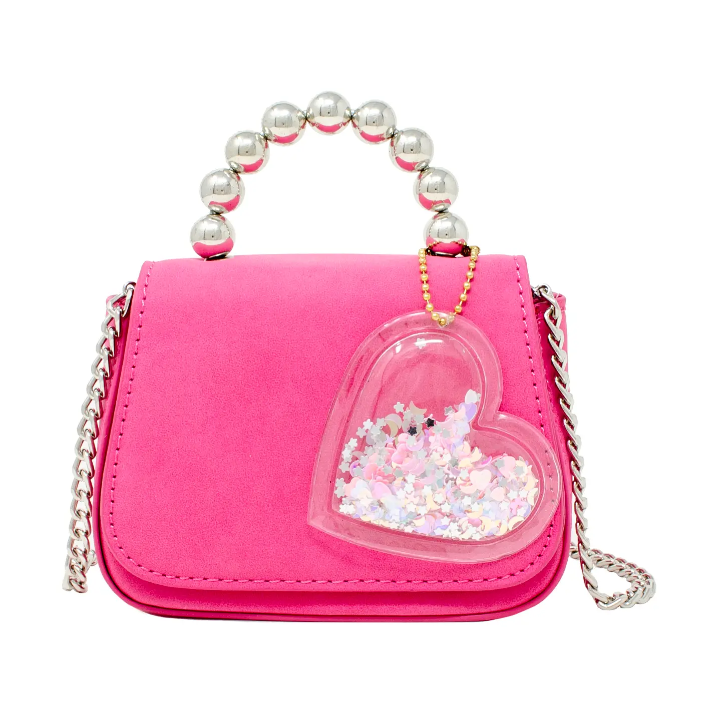 Tiny Metal Pearl Handle Heart Bag - Hot Pink