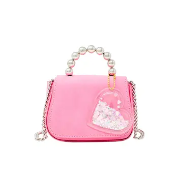 Tiny Metal Pearl Handle Heart Bag - Pink
