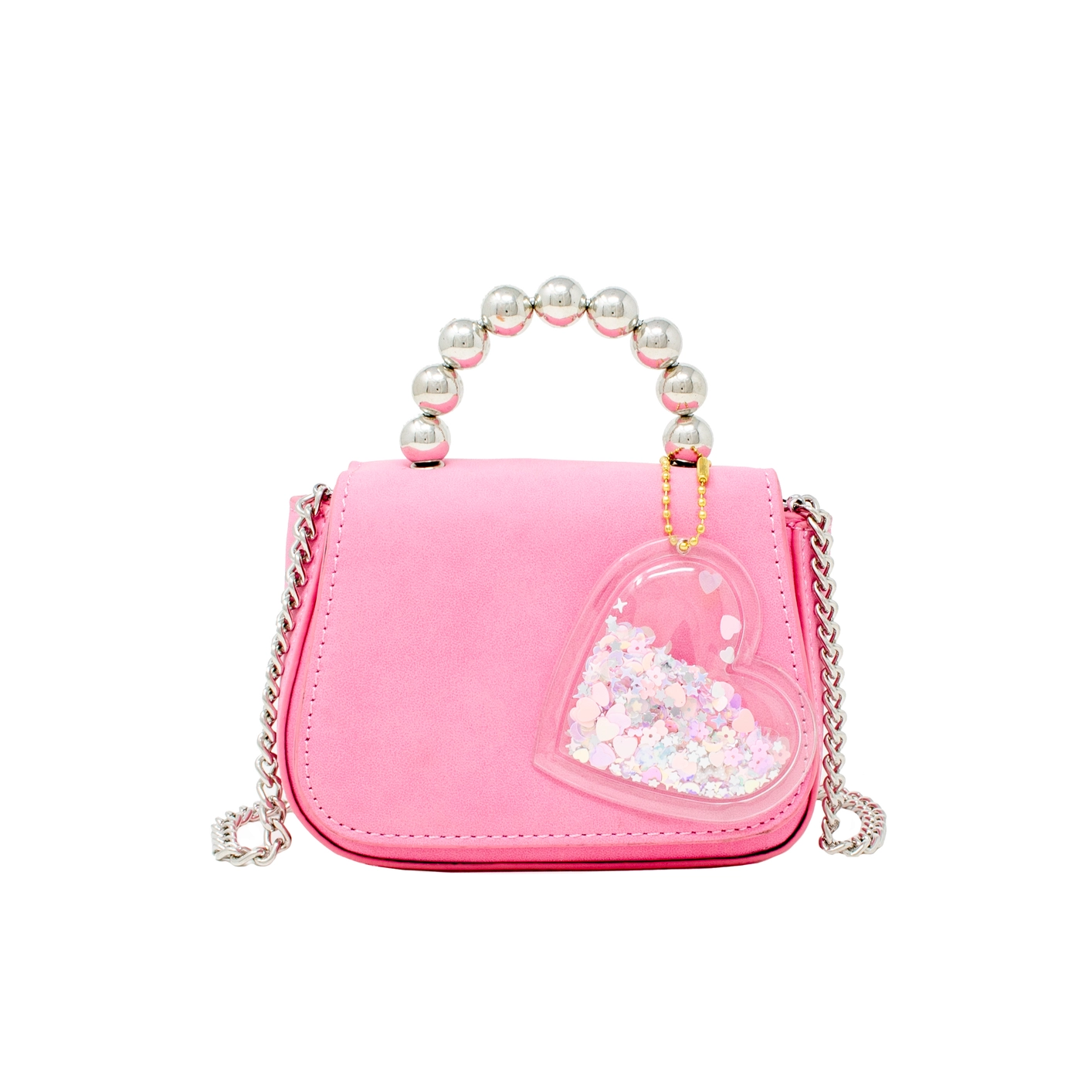 Tiny Metal Pearl Handle Heart Bag - Pink