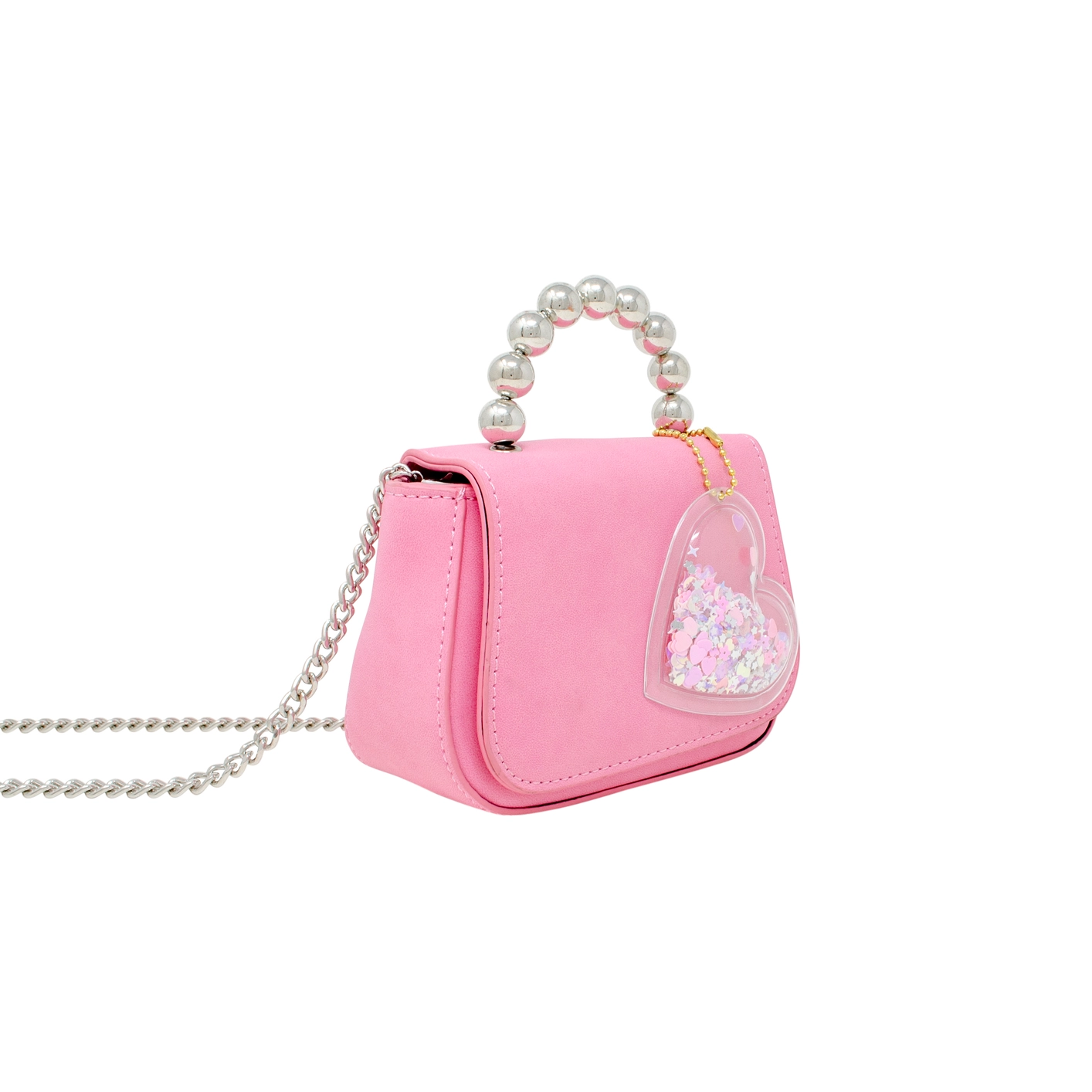 Tiny Metal Pearl Handle Heart Bag - Pink