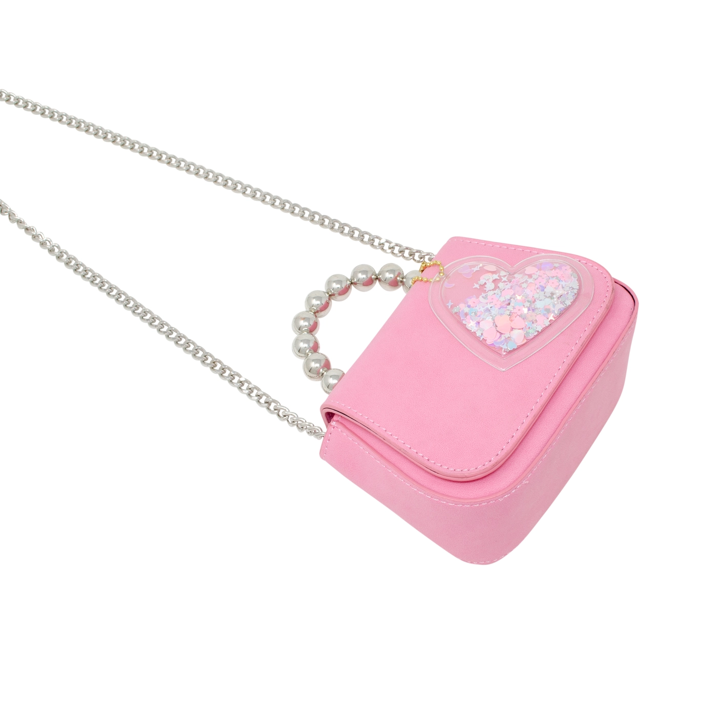 Tiny Metal Pearl Handle Heart Bag - Pink
