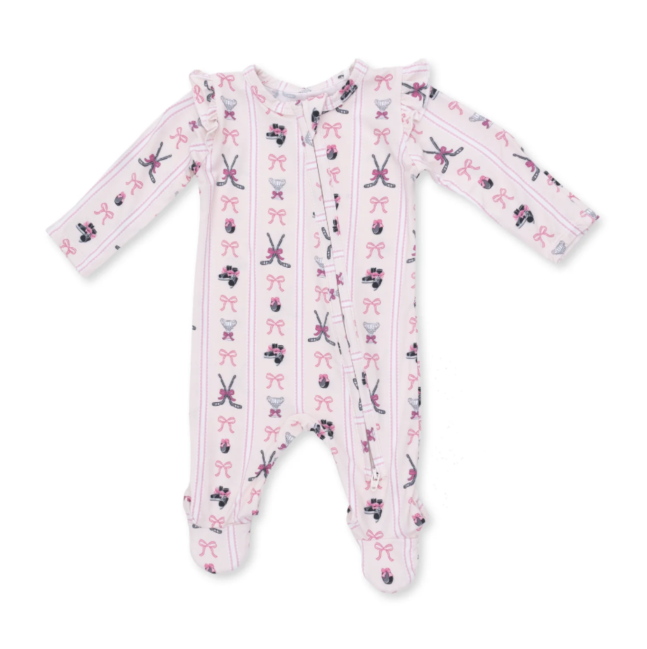 Angel Dear Angel Dear Megan's Bowtiful Hockey Stripe 2 Way Ruffle Back Zipper Footie
