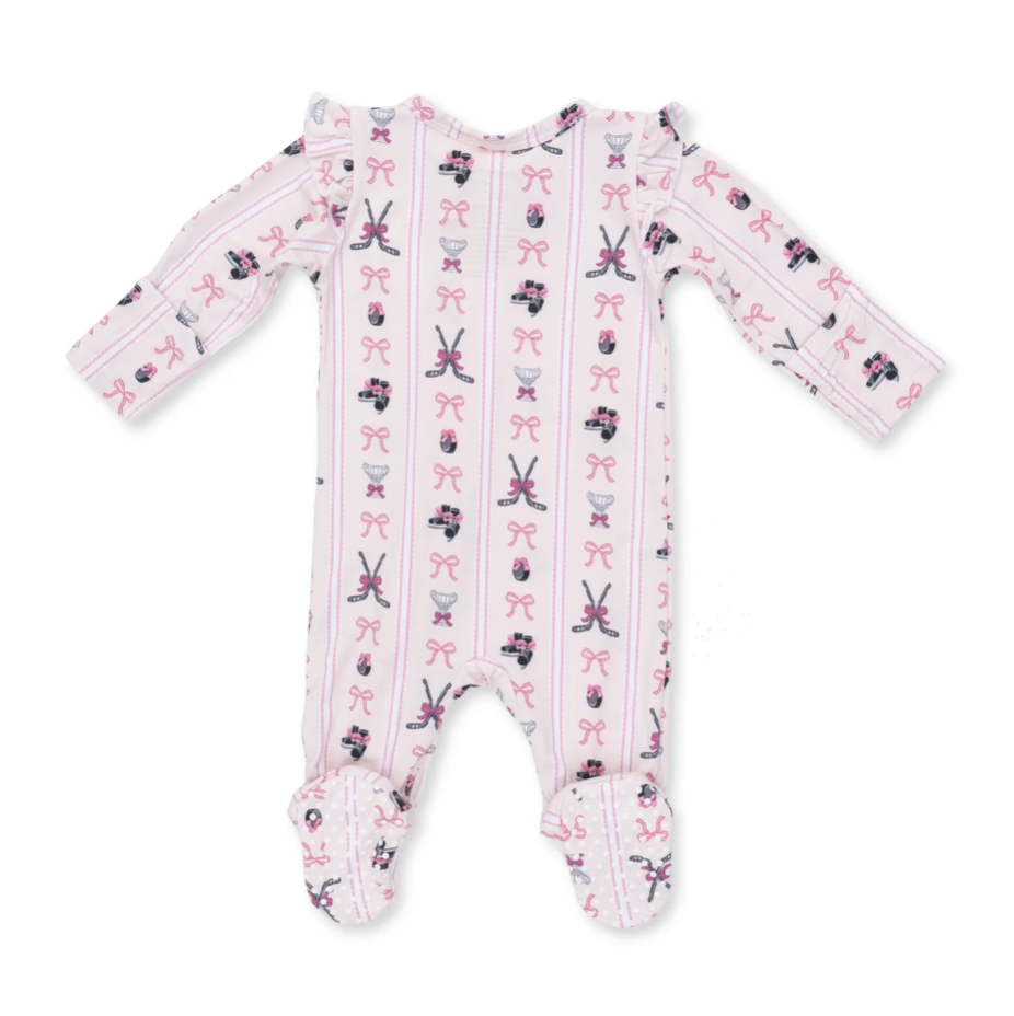 Angel Dear Angel Dear Megan's Bowtiful Hockey Stripe 2 Way Ruffle Back Zipper Footie